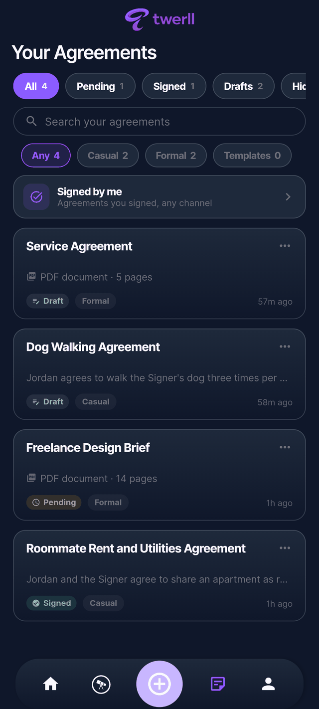 The Twerll agreements list filtered by status