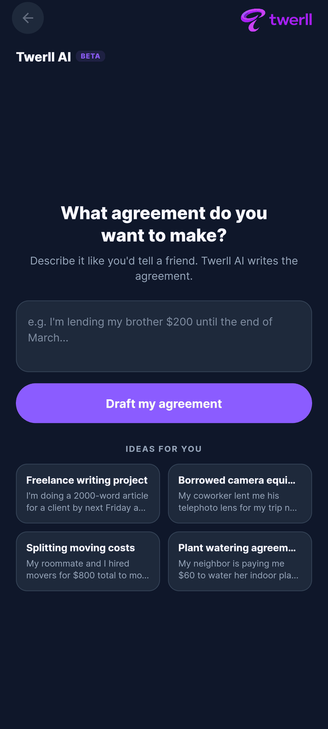 Twerll AI drafting an agreement from a plain-English description