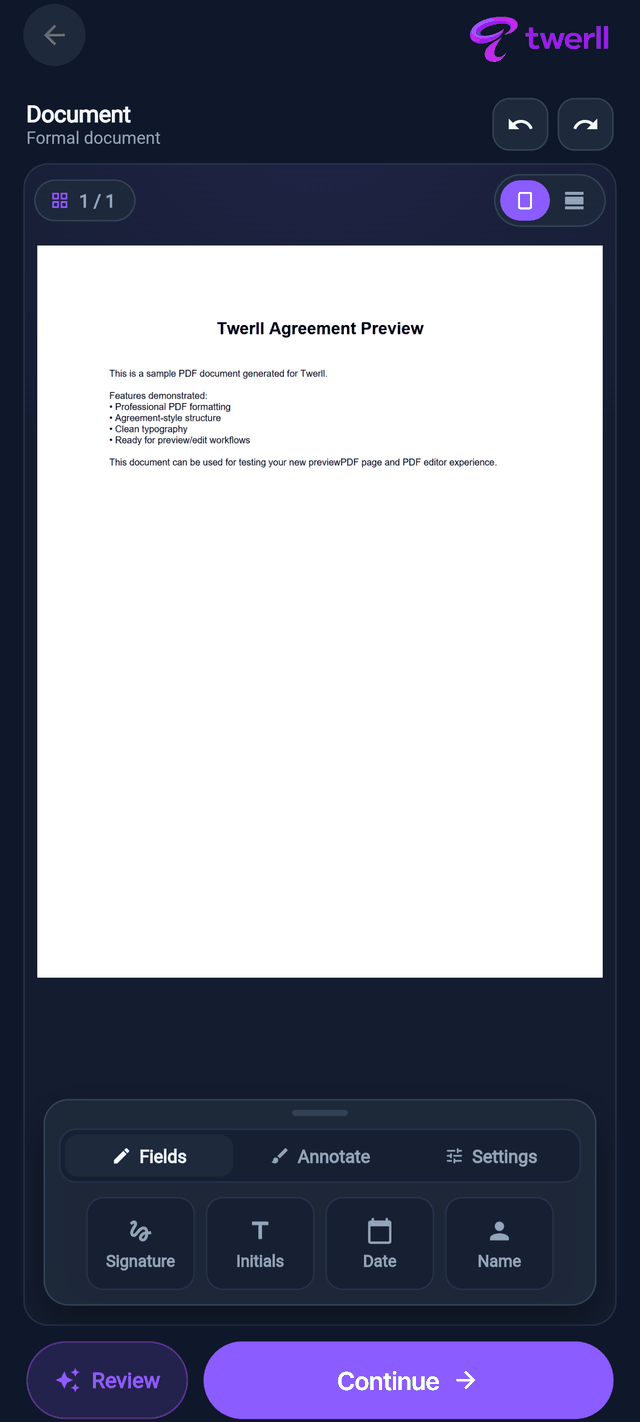 Placing a signature, initials or a date on a PDF agreement
